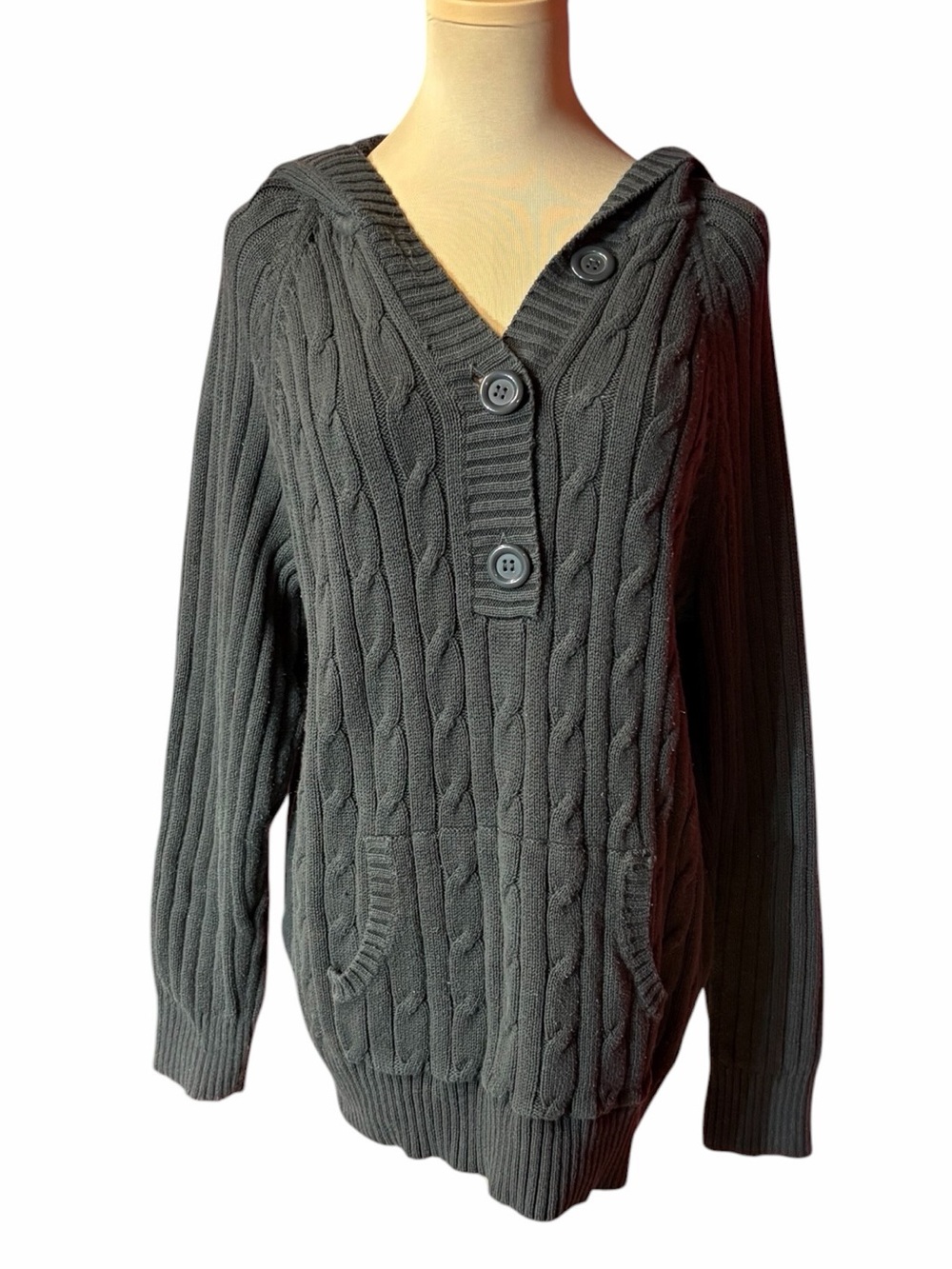 Fashion Bug Women's Cable-Knit V-Neck Hooded Sweater - Charcoal Gray